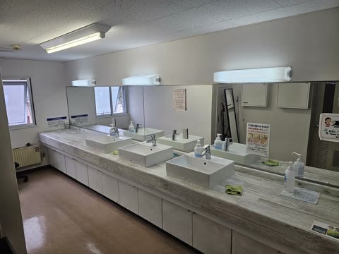 A long countertop with four white vessel sinks sits below a large mirror in a public washroom.