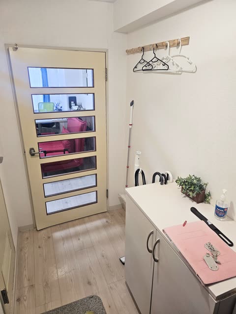 An entryway with light wood floors features a cabinet, a wall rack with hangers, and a door with glass panels.