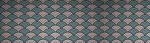 A geometric pattern of overlapping, concentric arches in alternating teal and off-white colors.