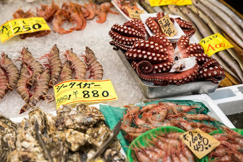 An octopus, shrimp, and oysters are displayed on a bed of crushed ice with Japanese price tags at a fish market.