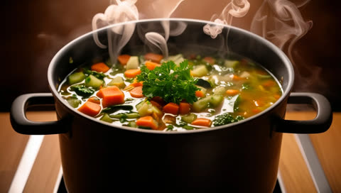 A dark pot of vegetable soup with carrots and parsley releases steam while cooking on a stovetop.