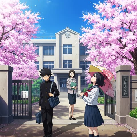 Two students and a teacher stand at the entrance to a school building framed by blooming pink cherry blossom trees.