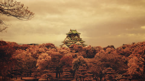A Japanese castle with a green-tiled roof sits atop a hill surrounded by reddish-brown trees under a sepia-toned sky.