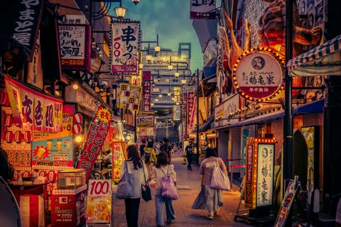 Pedestrians walk down a narrow city street in Japan at dusk lined with glowing, vertical signs and lanterns.