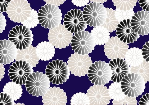 A repeating pattern of stylized chrysanthemums in white, beige, and grayscale is set against a dark navy blue background.