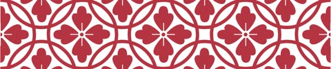 A horizontal geometric pattern of red, four-petaled flowers interconnected by a grid of overlapping circles.