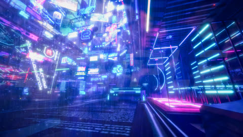 A futuristic city street at night is filled with towering buildings covered in glowing purple and blue neon signs.