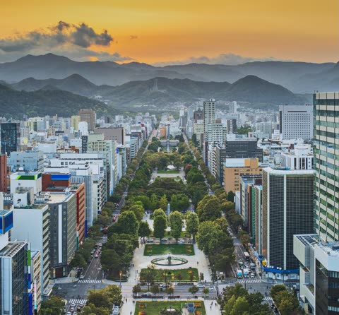 Aerial view of a city street at sunset, lined with trees and buildings, mountains in the background.